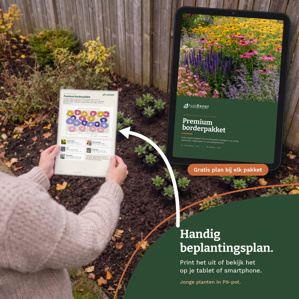 Handig beplantingsplan bij elk premium borderpakket: print het uit of bekijk het op tablet of smartphone