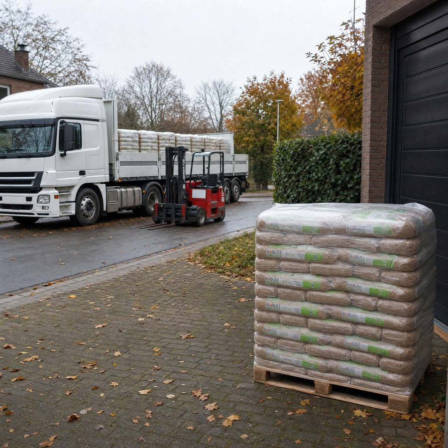 Pallet Robust Pellets geleverd op de oprit, vrachtwagen met meeneemheftruck