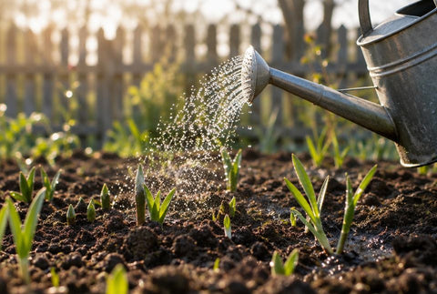 Gieter geeft water aan de eerste scheuten in voorjaarsgrond