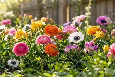 Zomerborder in volle bloei met ranonkels, freesia en anemonen