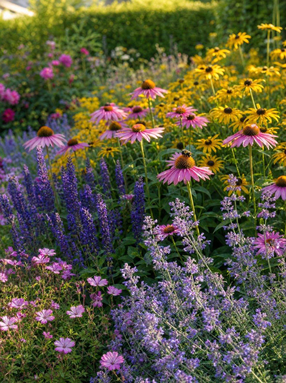 Echinacea en zonnehoed in bloei met een bij