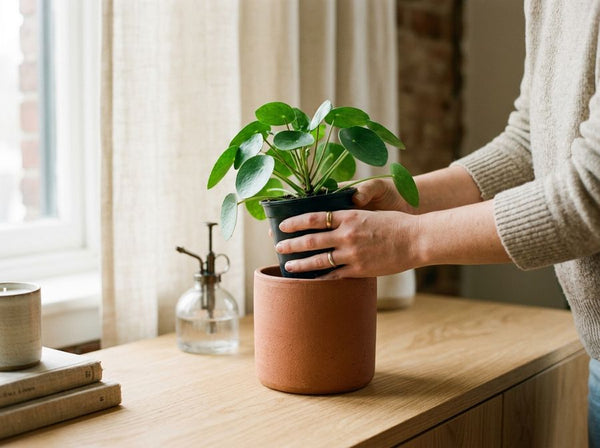 Kamerplant in de kweekpot in een sierpot