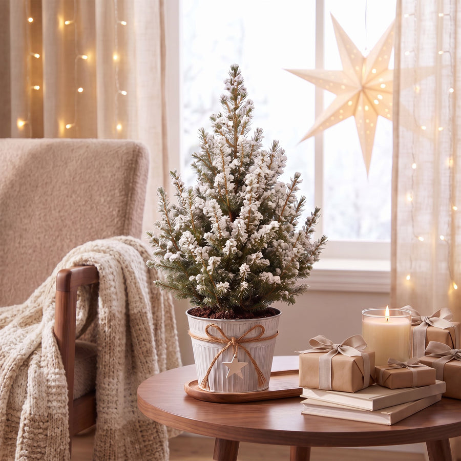 Kegelspar kerstboom besneeuwd – Pot Ø17 cm · 65 cm hoog · met zinken pot (foto 3)