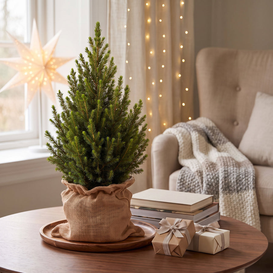 Kegelspar kerstboom – Pot Ø19 cm · 65 cm hoog · met jute zak (foto 3)