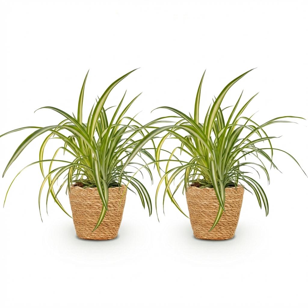 Green boutiQ - Kamerplant - Chlorophytum comosum Variegatum - Bonte Graslelie - Huisdiervriendelijke Plant - Groen - 2 Planten - met Mand - Pot 12cm - Hoogte 20cm
