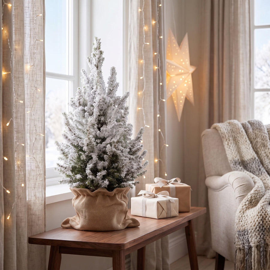 Set van 2 – Pot Ø19 cm · 65 cm hoog · Kegelspar kerstboom besneeuwd · met jute zak (foto 3)