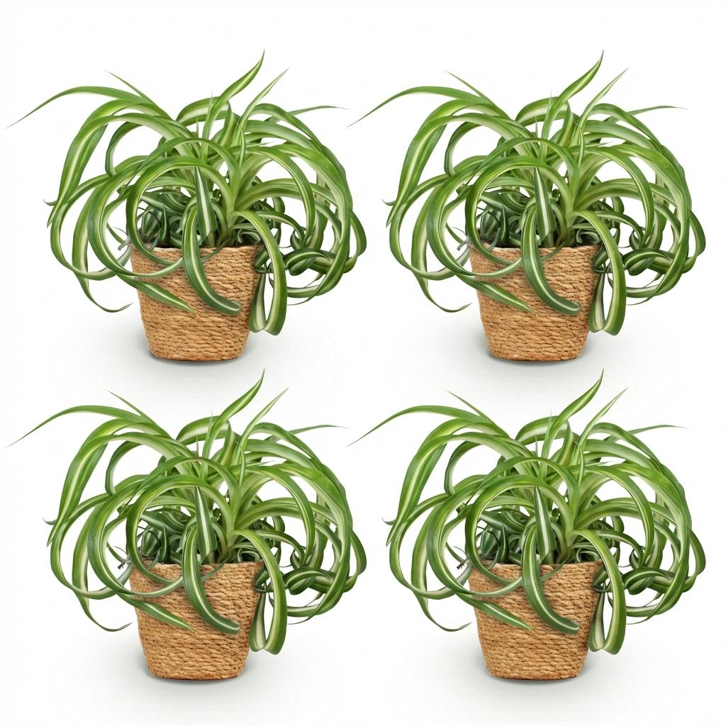 Green boutiQ - Kamerplant - Chlorophytum comosum Bonnie - Krullende Graslelie - Huisdiervriendelijke Plant - Groen - 4 Planten - met Mand - Pot 12cm - Hoogte 20cm