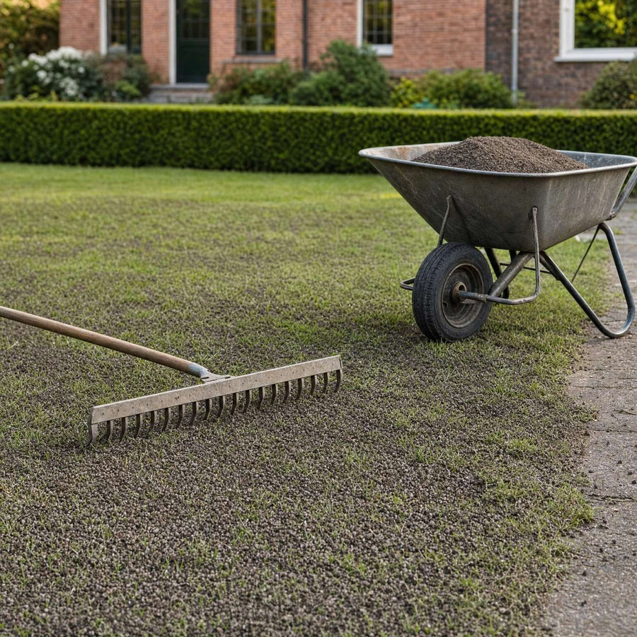 Gazon met een dunne laag topdressing, gazonhark en kruiwagen