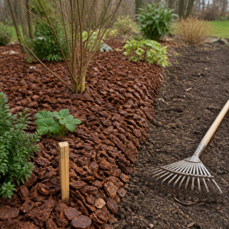 Boomschors aanbrengen in een border: links een afgewerkte schorslaag, rechts nog kale grond, met een houten meetlat in de laag om de dikte te controleren