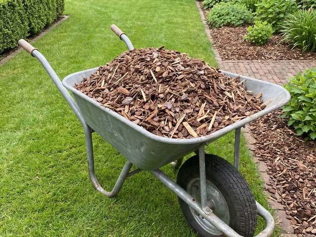 Kruiwagen gevuld met boomschors