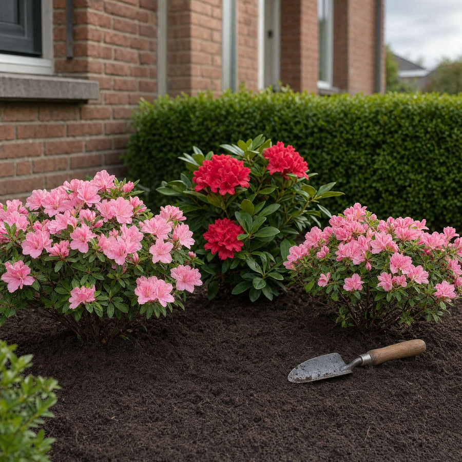 Azalea's en rododendron in een border met een laag tuinturf rond de planten