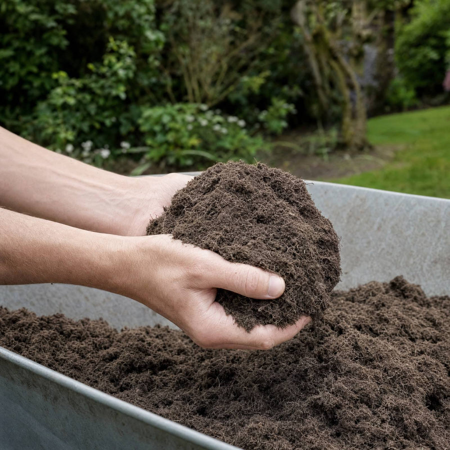 Twee handen met een handvol losse, vezelige tuinturf boven een kruiwagen